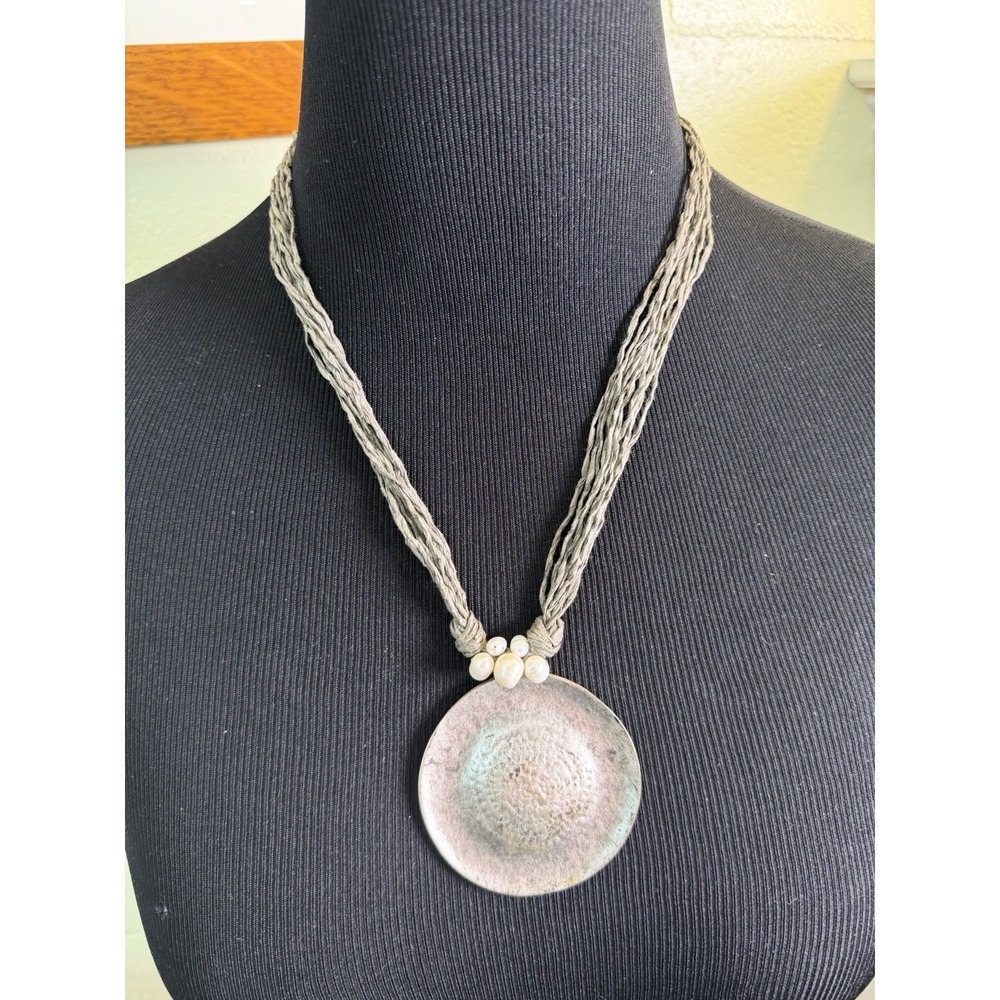 Volan Artisan Statement Necklace Solid Metal Hammered Pendant Real Pearls 22.5"